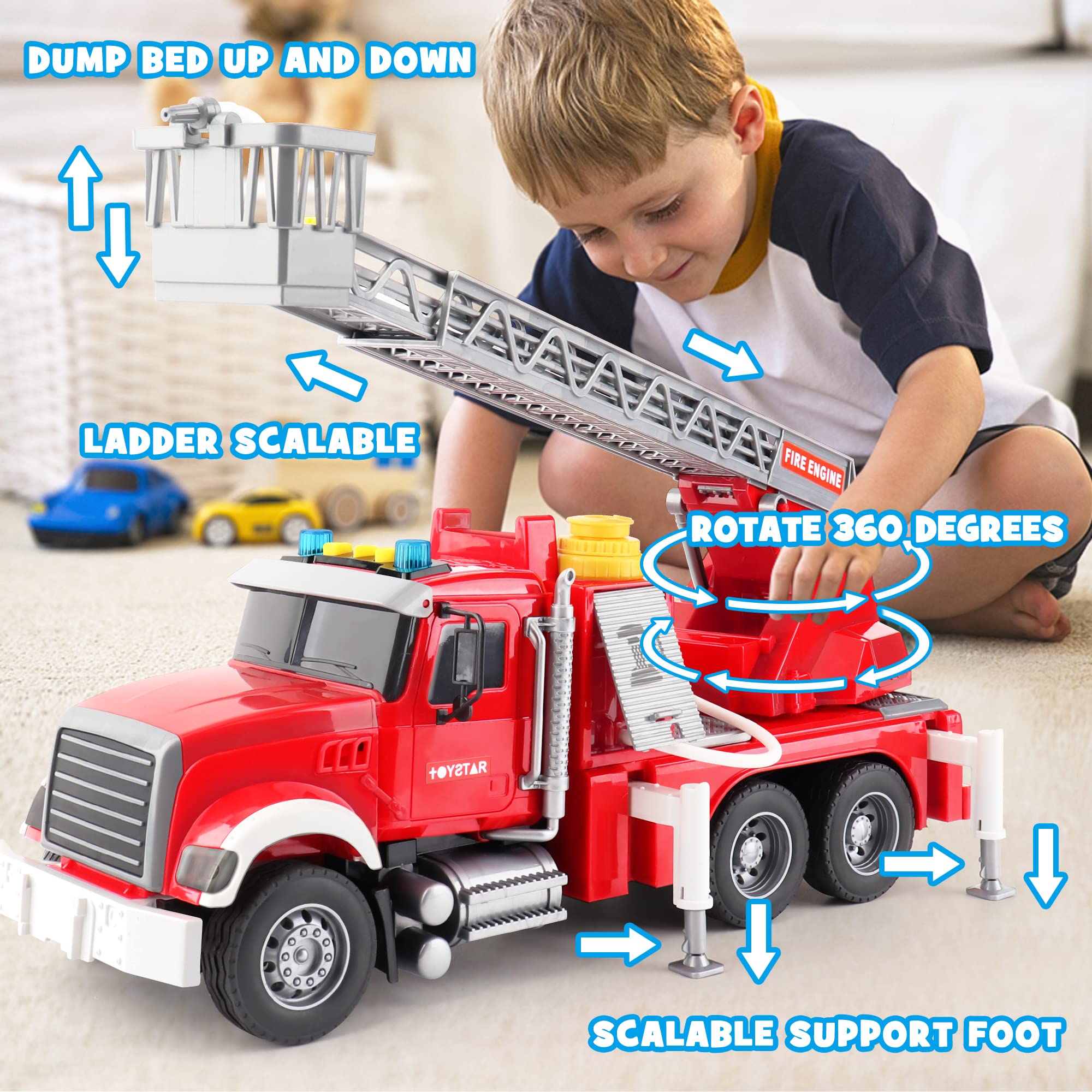 Dwi Dowellin Kids Fire Truck Toys for 3 4 5 6 Years Old Boys, Fire Rescue Vehicle with Shooting Water,Lights and Sounds