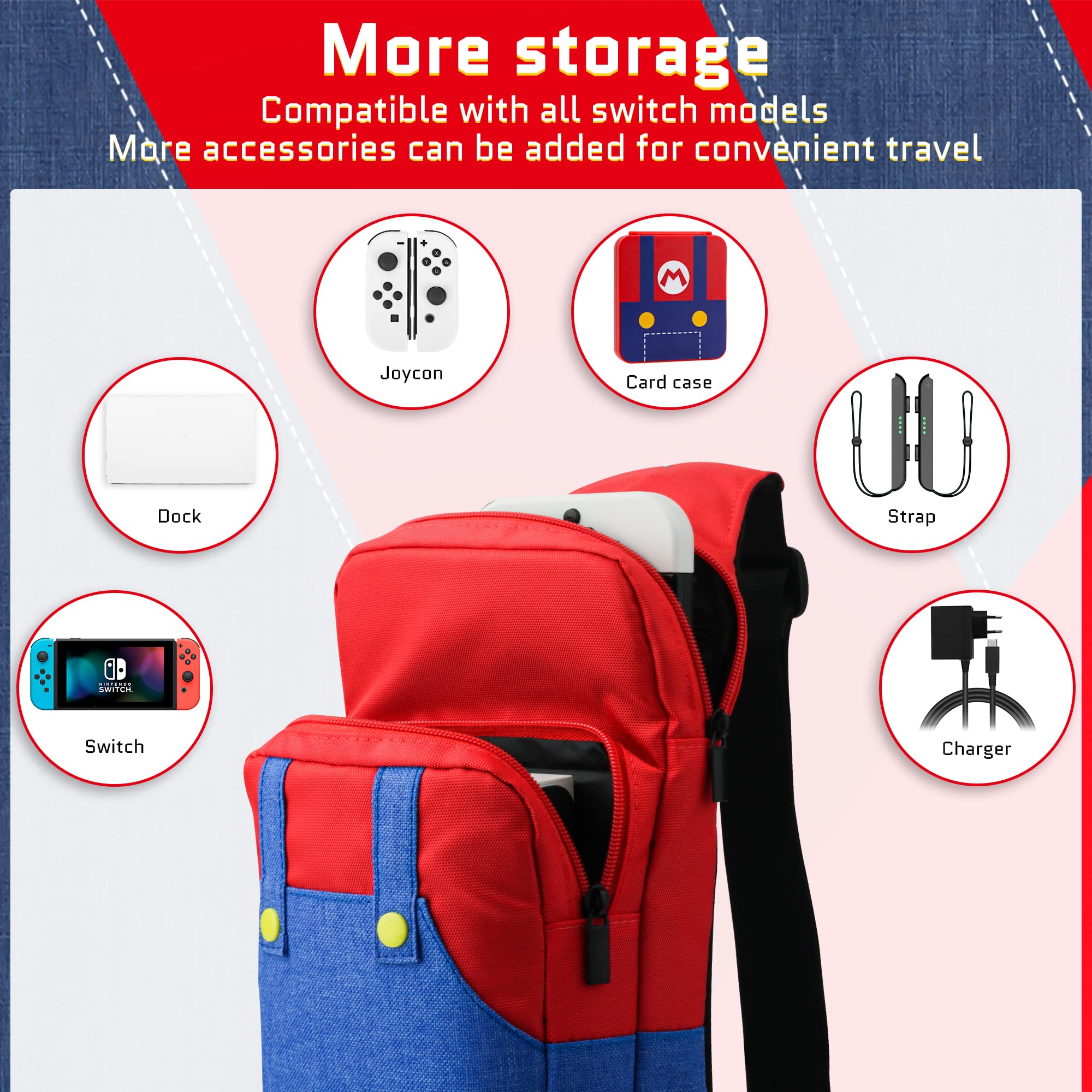 FUNDIARY Travel Bag for Nintendo Switch, OLED & Lite Carrying Case, Portable Shoulder Bag Set for Switch, Crossbody Backpack Accessories Bundle with Game Case and 2 Thumb Caps - for Super Mario