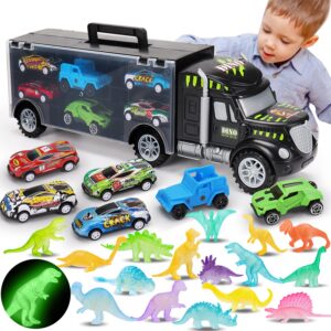 Transport Truck and Car Toys for 3 4 5+ Year Old Boys Birthday Gifts Carrier Truck Vehicle Toddler Boy Toys Age 3-4 4-7 Dinosaur Toys for Kids 3-5 5-7 with Glowing Dino Figures Boy Presents