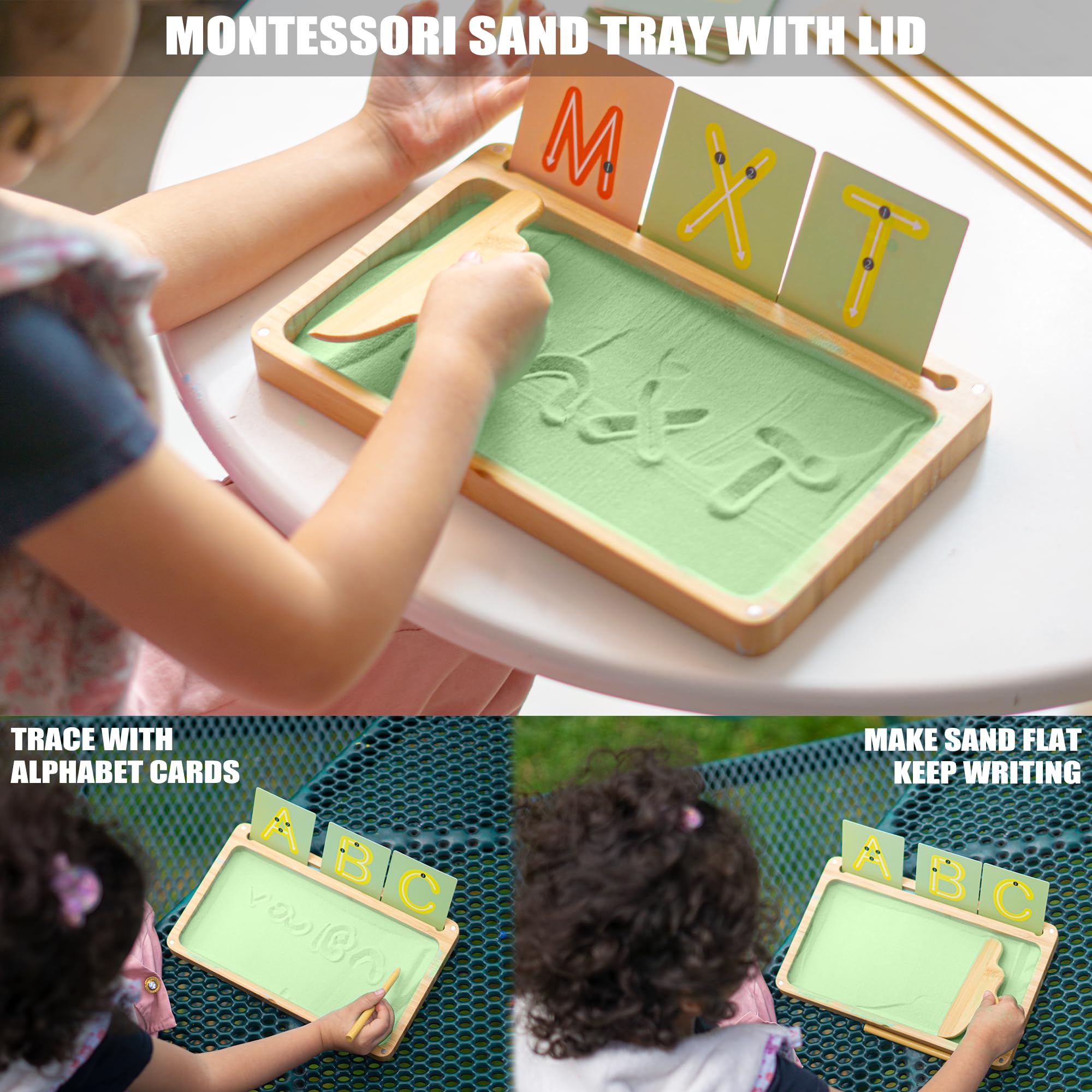 AtMini Sand Tray for Classroom Montessori Sand Tray with Lid Wooden Sand Trays for Kids Writing Letters and Numbers (Green)