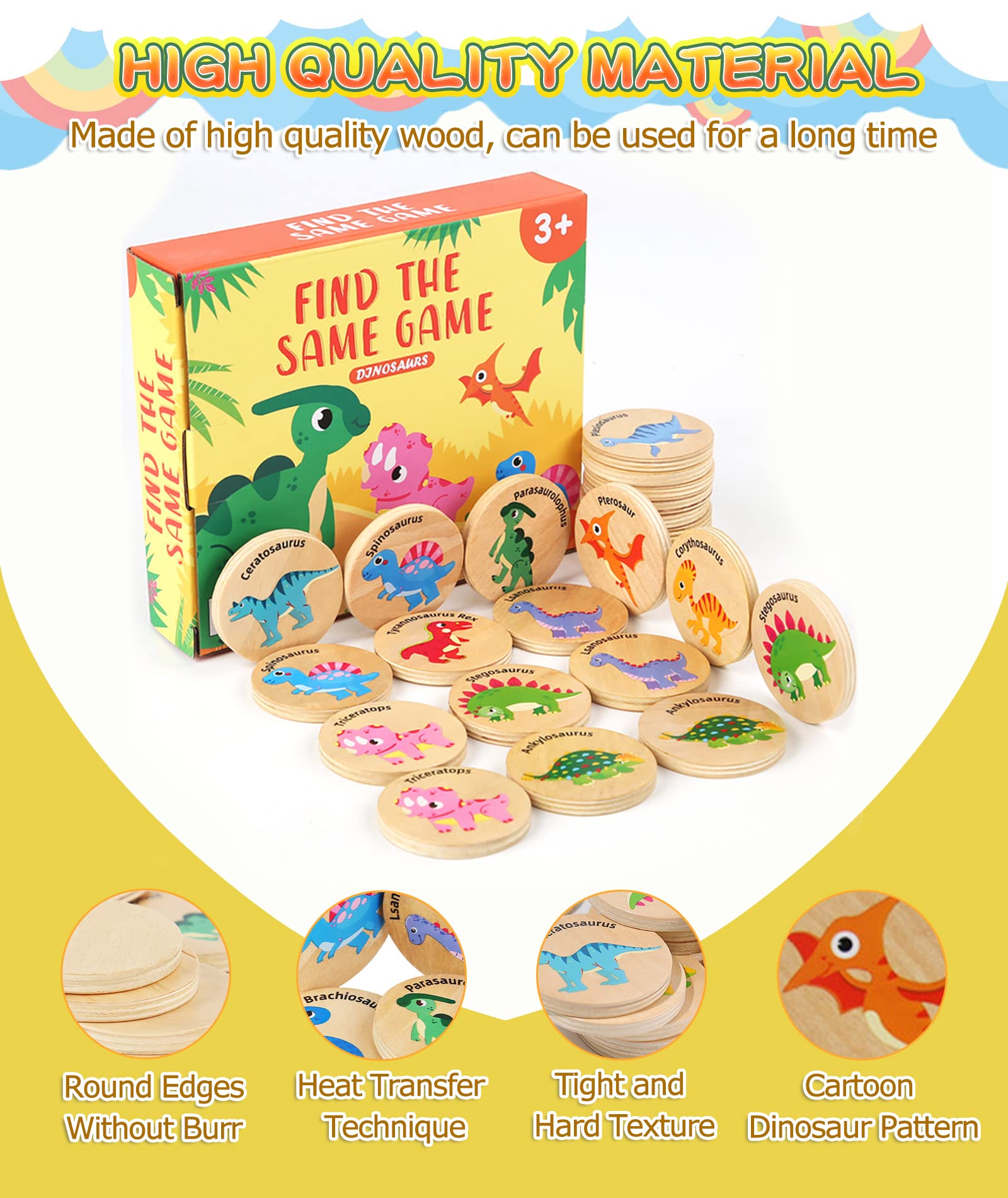 Protado Wooden Match Memory Game for Kids, 24Pc Memory Matching Cards with 5Pc Tattoo Stickers, Educational Memory Matching Game for Pre-Kindergarten Early Learning Development Kids-Dinosaur