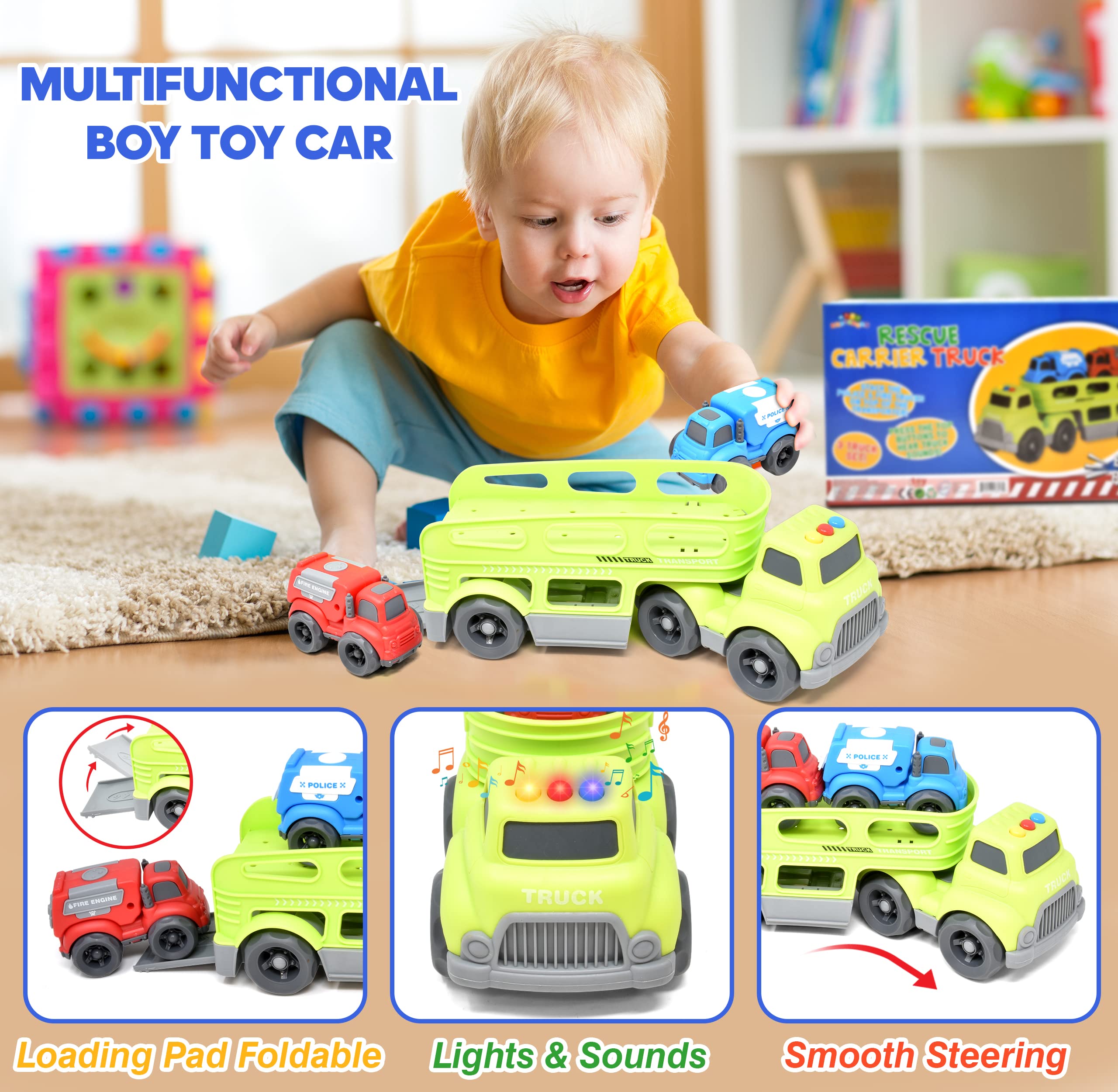 Number 1 In Service Car Toys for Boys Toddler 3 in 1 Carrier Transport Truck for Kids Vehicle Toy for Age 2 3 4 5 6 Year Old Boy, Truck & Cars with Lights & Sounds Police Car Fire Car Vehicle Playset