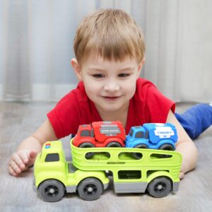 Number 1 In Service Car Toys for Boys Toddler 3 in 1 Carrier Transport Truck for Kids Vehicle Toy for Age 2 3 4 5 6 Year Old Boy, Truck & Cars with Lights & Sounds Police Car Fire Car Vehicle Playset