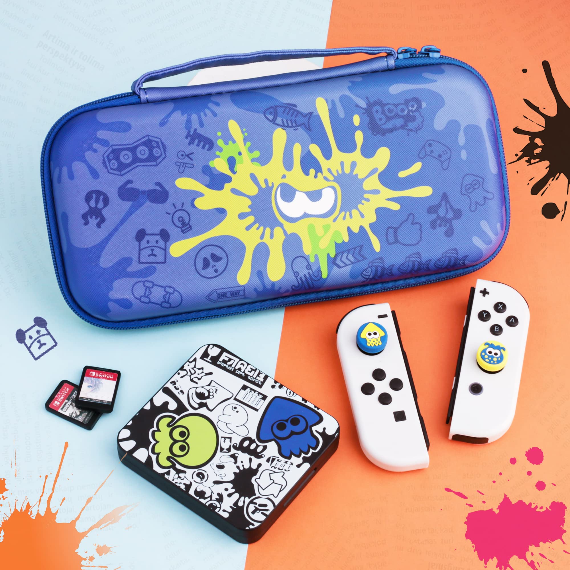 FUNDIARY Carrying Case for Nintendo Switch and Switch OLED, Hard Portable Travel Case for Switch and Switch OLED, Case Accessories Bundle with Game Case and 2 Thumb Caps - for Splatoon 3