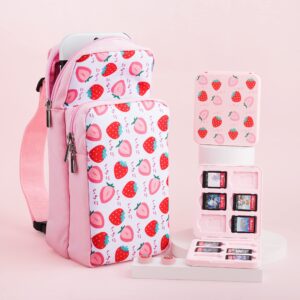 GLDRAM Pink Strawberry Travel Bag for Nintendo Switch/OLED/Lite, Cute Carrying Case Portable Sling Shoulder Bag Accessories Bundle for Switch with Game Card Case Holder & 2 Thumb Grip Caps for Girls