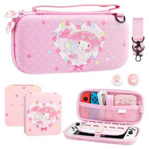 FUNDIARY Cute Carrying Case for Nintendo Switch and Switch OLED, Hard Portable Travel Case for Switch and Switch OLED, Case Accessories Bundle with Game Case and 2 Thumb Caps - Anime Bunny