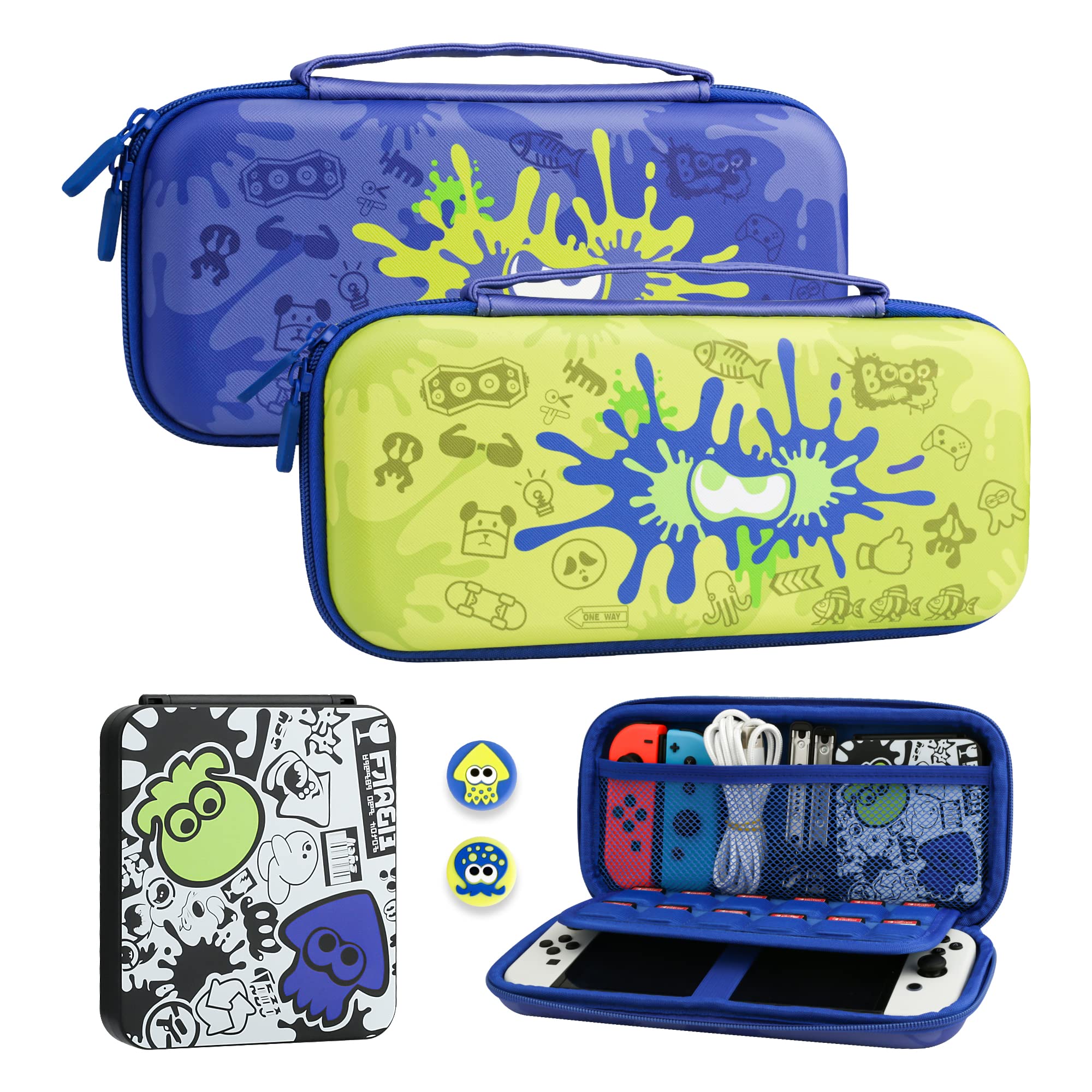 FUNDIARY Carrying Case for Nintendo Switch and Switch OLED, Hard Portable Travel Case for Switch and Switch OLED, Case Accessories Bundle with Game Case and 2 Thumb Caps - for Splatoon 3