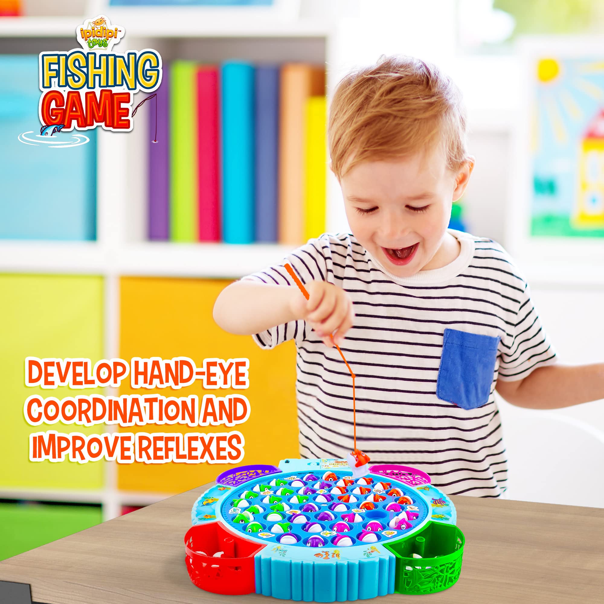 IPIDIPI TOYS Fishing Game for Kids, Magnetic Fishing Game for Toddlers - 45 Fish, 8 Poles Fishing Toy - Rotating Fish Board Game with Music, Educational, Fine Motor Skill Toys for Boys and Girls