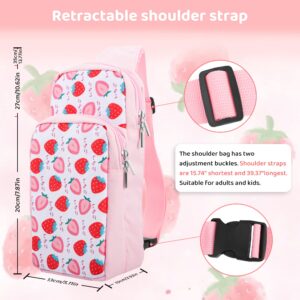 GLDRAM Pink Strawberry Travel Bag for Nintendo Switch/OLED/Lite, Cute Carrying Case Portable Sling Shoulder Bag Accessories Bundle for Switch with Game Card Case Holder & 2 Thumb Grip Caps for Girls