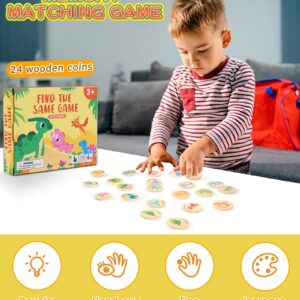 Protado Wooden Match Memory Game for Kids, 24Pc Memory Matching Cards with 5Pc Tattoo Stickers, Educational Memory Matching Game for Pre-Kindergarten Early Learning Development Kids-Dinosaur