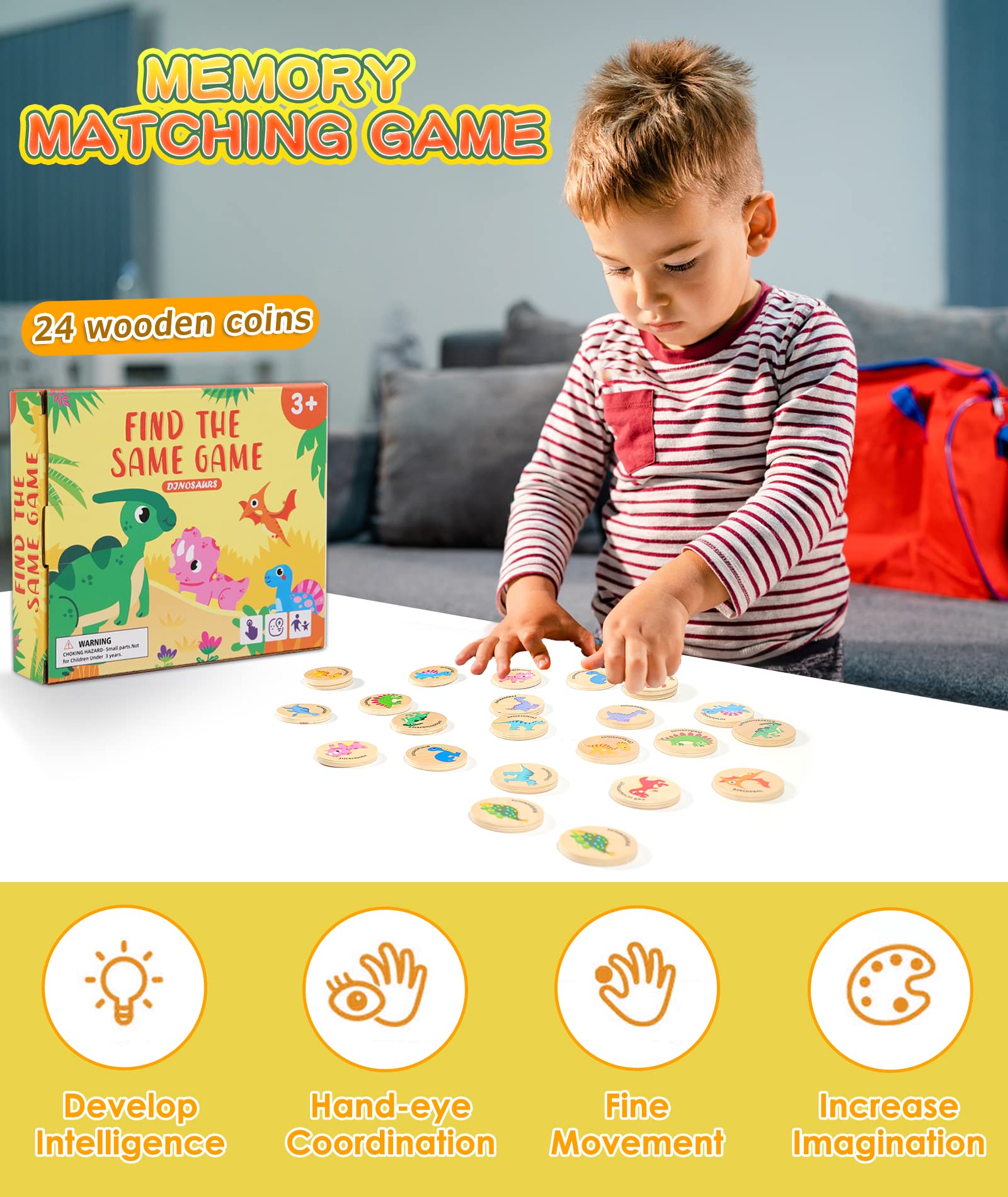 Protado Wooden Match Memory Game for Kids, 24Pc Memory Matching Cards with 5Pc Tattoo Stickers, Educational Memory Matching Game for Pre-Kindergarten Early Learning Development Kids-Dinosaur