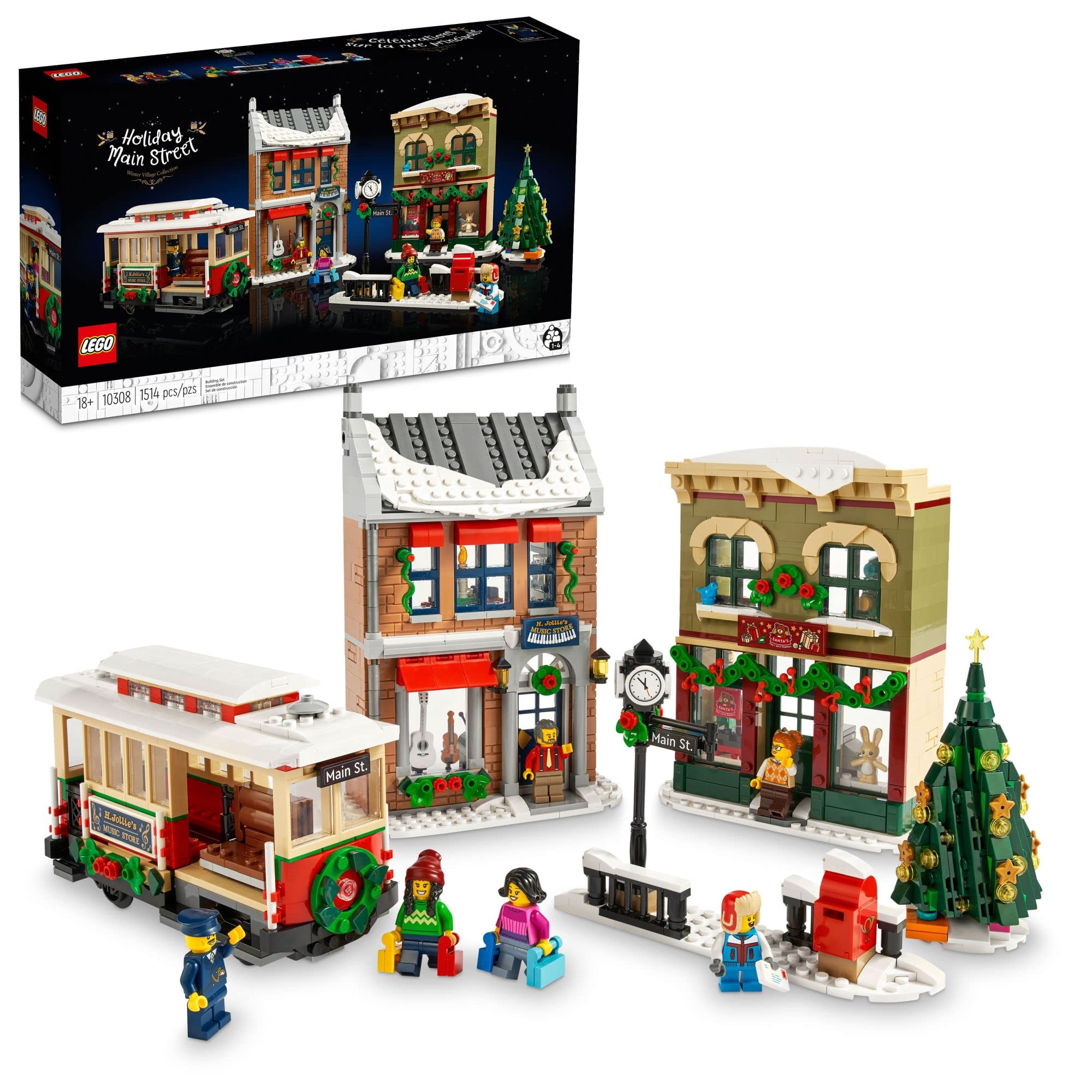 LEGO Holiday Main Street Building Set 10308, for Adults and Family, Christmas Village Building Kit, Holiday Display Set with Shops, Streetcar and 6 Minifigures, Christmas Decoration to Build Together