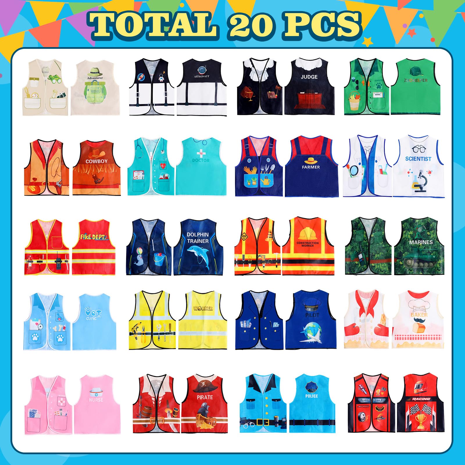 20 PCS Kids Community Helper Dress Up Vest Career Costumes Role Play Career Cosplay Clothes Pretend and Play Costume for Kids Dress up Doctor Police Fireman Car Racer Cowboy Farmers Worker Pirate