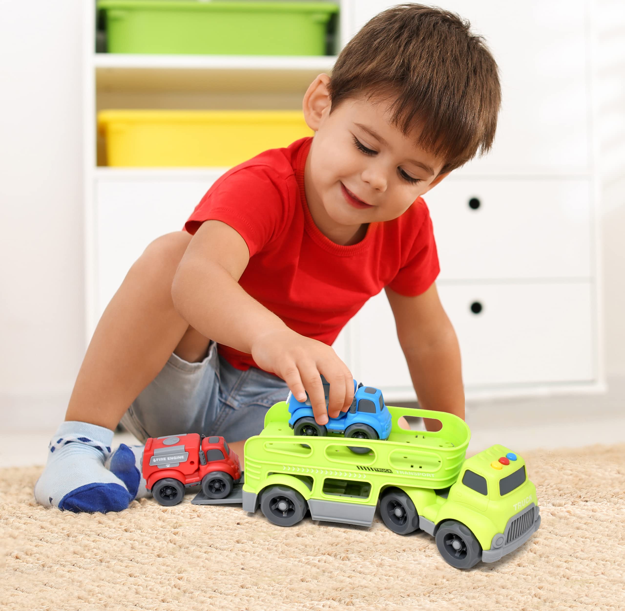 Number 1 In Service Car Toys for Boys Toddler 3 in 1 Carrier Transport Truck for Kids Vehicle Toy for Age 2 3 4 5 6 Year Old Boy, Truck & Cars with Lights & Sounds Police Car Fire Car Vehicle Playset