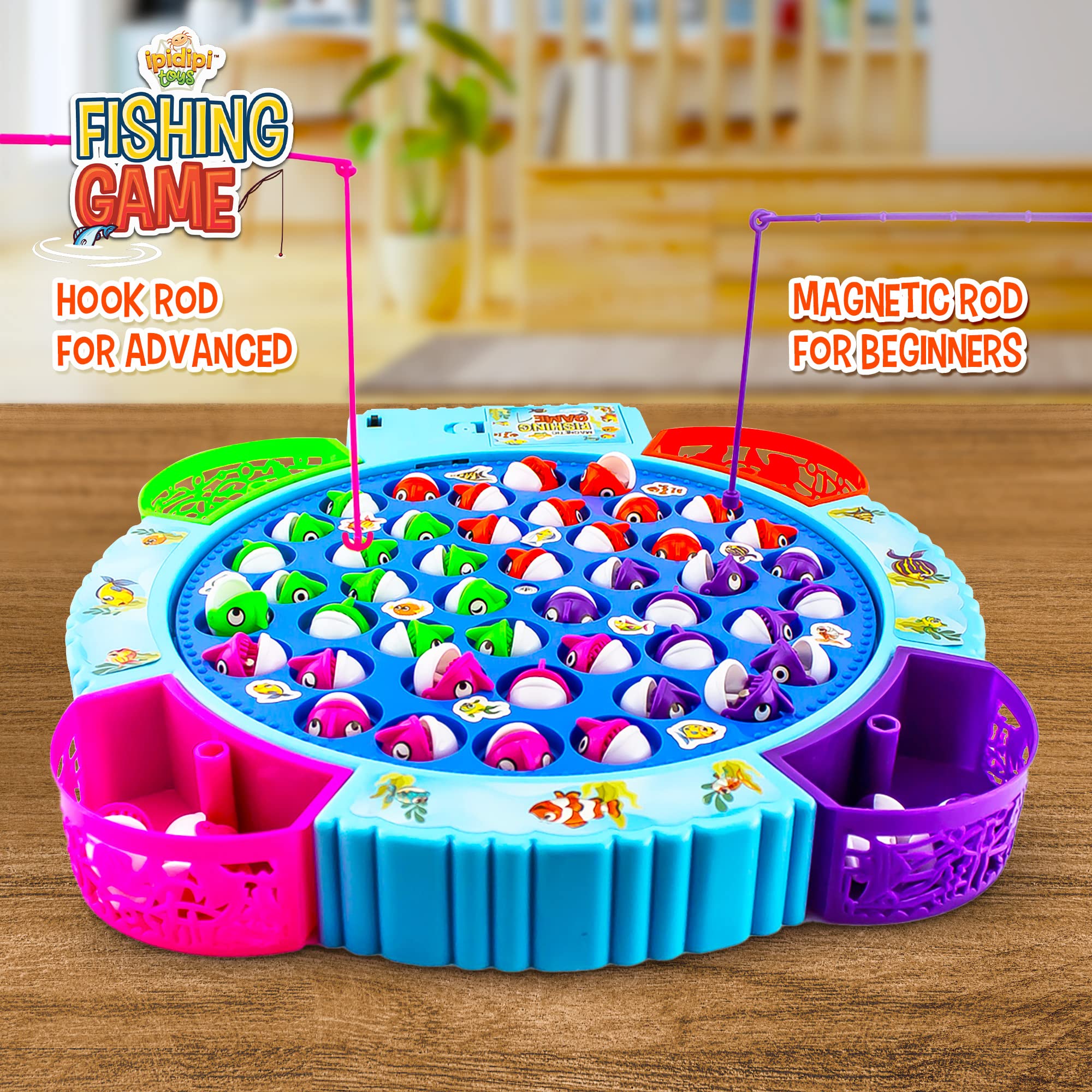 IPIDIPI TOYS Fishing Game for Kids, Magnetic Fishing Game for Toddlers - 45 Fish, 8 Poles Fishing Toy - Rotating Fish Board Game with Music, Educational, Fine Motor Skill Toys for Boys and Girls