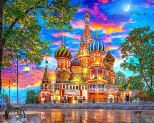 majestic by springbok - sunset at basil's - 1000 piece jigsaw puzzle illustration of st basil's cathedral at sunset