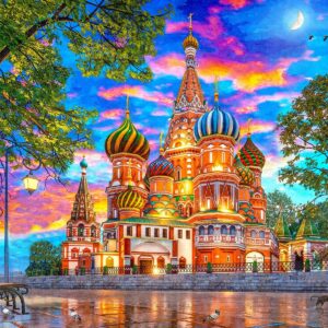 Majestic by Springbok - Sunset at Basil's - 1000 Piece Jigsaw Puzzle Illustration of St Basil's Cathedral at Sunset