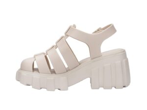 melissa megan platform jelly heels for women - the iconic original 90’s jelly shoe, fisherman's sandal with chunky, platform lug-sole heel and adjustable strap and side buckle, beige, 7