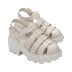 Melissa Megan Platform Jelly Heels for Women - The Iconic Original 90’s Jelly Shoe, Fisherman's Sandal with Chunky, Platform Lug-Sole Heel and Adjustable Strap and Side Buckle, Beige, 7