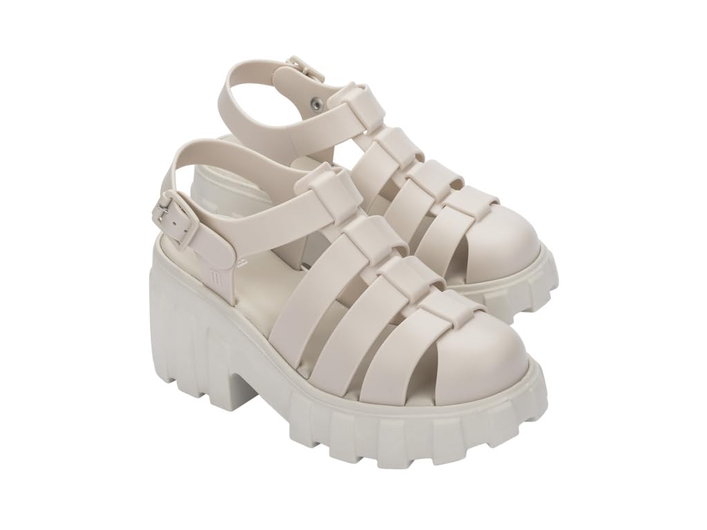 Melissa Megan Platform Jelly Heels for Women - The Iconic Original 90’s Jelly Shoe, Fisherman's Sandal with Chunky, Platform Lug-Sole Heel and Adjustable Strap and Side Buckle, Beige, 7