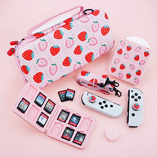 GLDRAM Pink Strawberry Carrying Case for Nintendo Switch & OLED Modle, Portable Switch Travel Protector with Cute Game Card Case, Shoulder Strap & 2 Thumb Caps, Switch Accessories Bundle for Girls