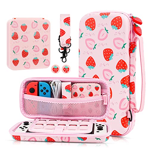 GLDRAM Pink Strawberry Carrying Case for Nintendo Switch & OLED Modle, Portable Switch Travel Protector with Cute Game Card Case, Shoulder Strap & 2 Thumb Caps, Switch Accessories Bundle for Girls