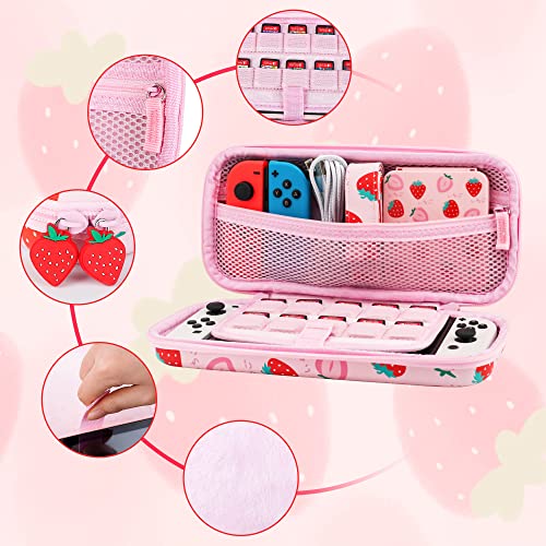 GLDRAM Pink Strawberry Carrying Case for Nintendo Switch & OLED Modle, Portable Switch Travel Protector with Cute Game Card Case, Shoulder Strap & 2 Thumb Caps, Switch Accessories Bundle for Girls