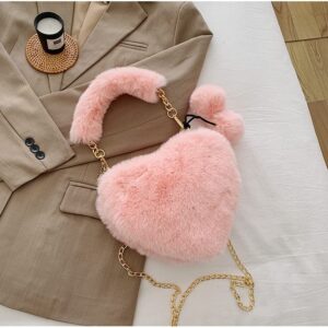 Women Girls Furry Heart Purse Fluffy Faux Fur Messenger Bag Small Shoulder Bags Cell Phone Case Holder Clutch, Halloween Christmas Cross Body Handbags