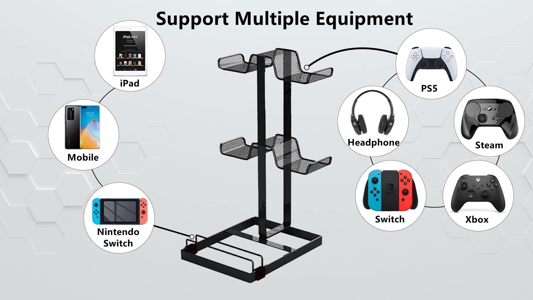 Construction elements made of metal, Namely, Supports, Headset & Controller Organizer for PS5/ PS4/ Xbox Series/One X/S/Nintendo Switch Controller & Headset Stand,Gaming Accessories Display Rack,Black