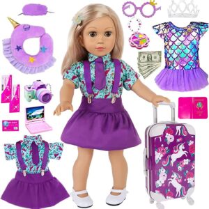 25pc 18 inch Girl Doll Clothes and Accessories Travel Case Luggage School Play Set with Pillow Camera Sunglasses for 18 inch Dolls Travel Storage for Girls (No Doll)