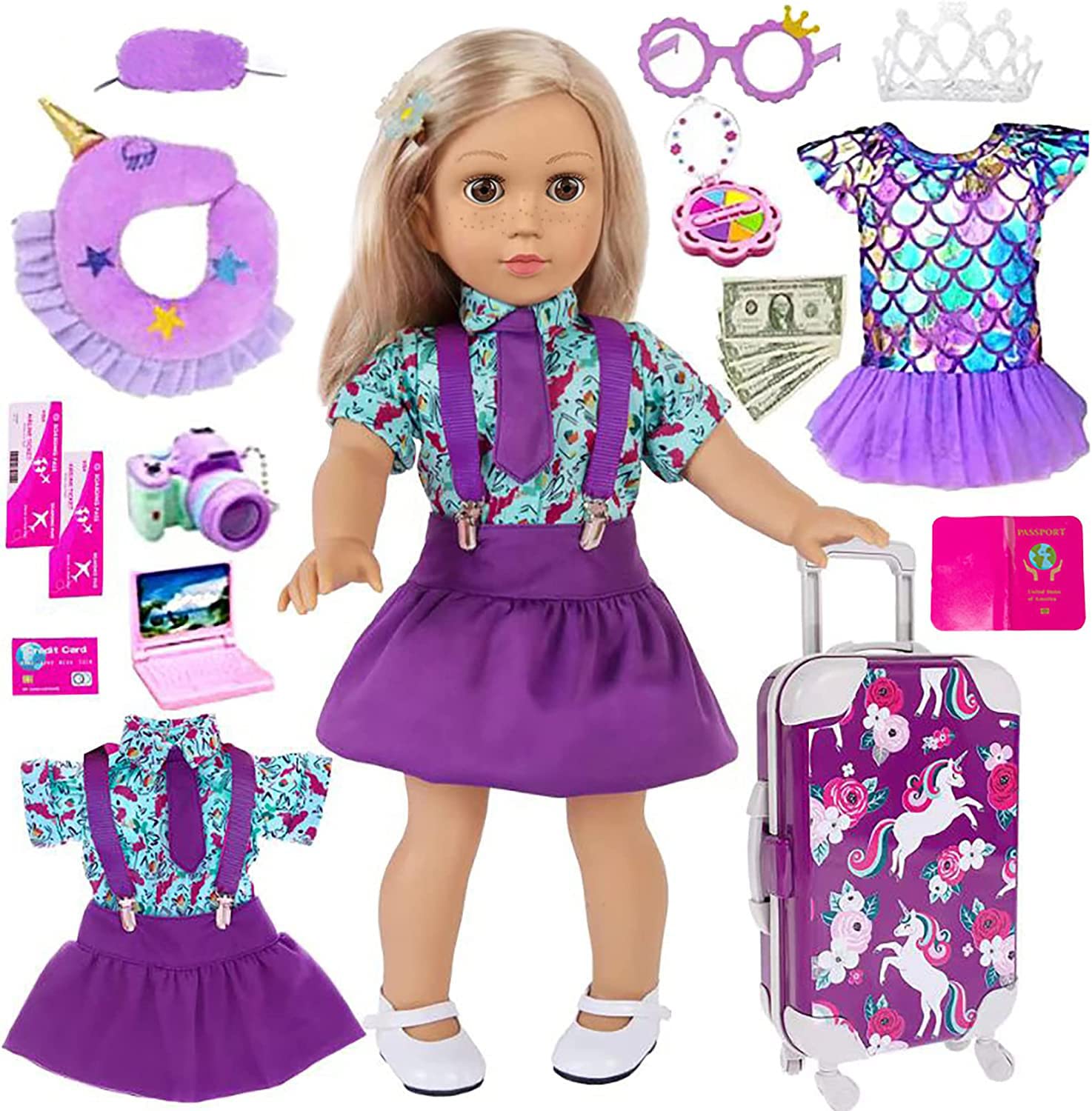 25pc 18 inch Girl Doll Clothes and Accessories Travel Case Luggage School Play Set with Pillow Camera Sunglasses for 18 inch Dolls Travel Storage for Girls (No Doll)