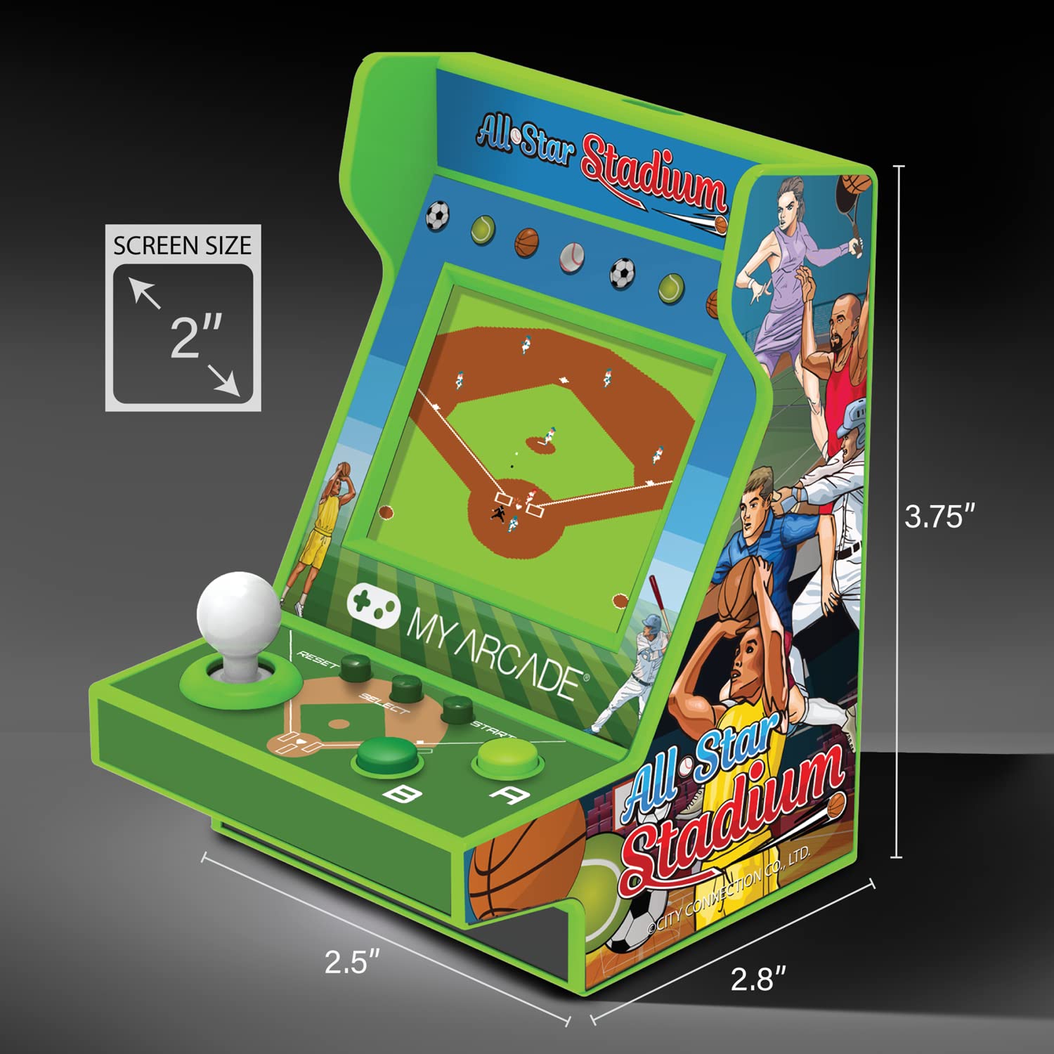 My Arcade All Star Stadium Pico Player- Fully Playable Portable Tiny Arcade Machine with 107 Retro Games, Toys for Kids, 2" Screen, Green, Small (DGUNL-4120)