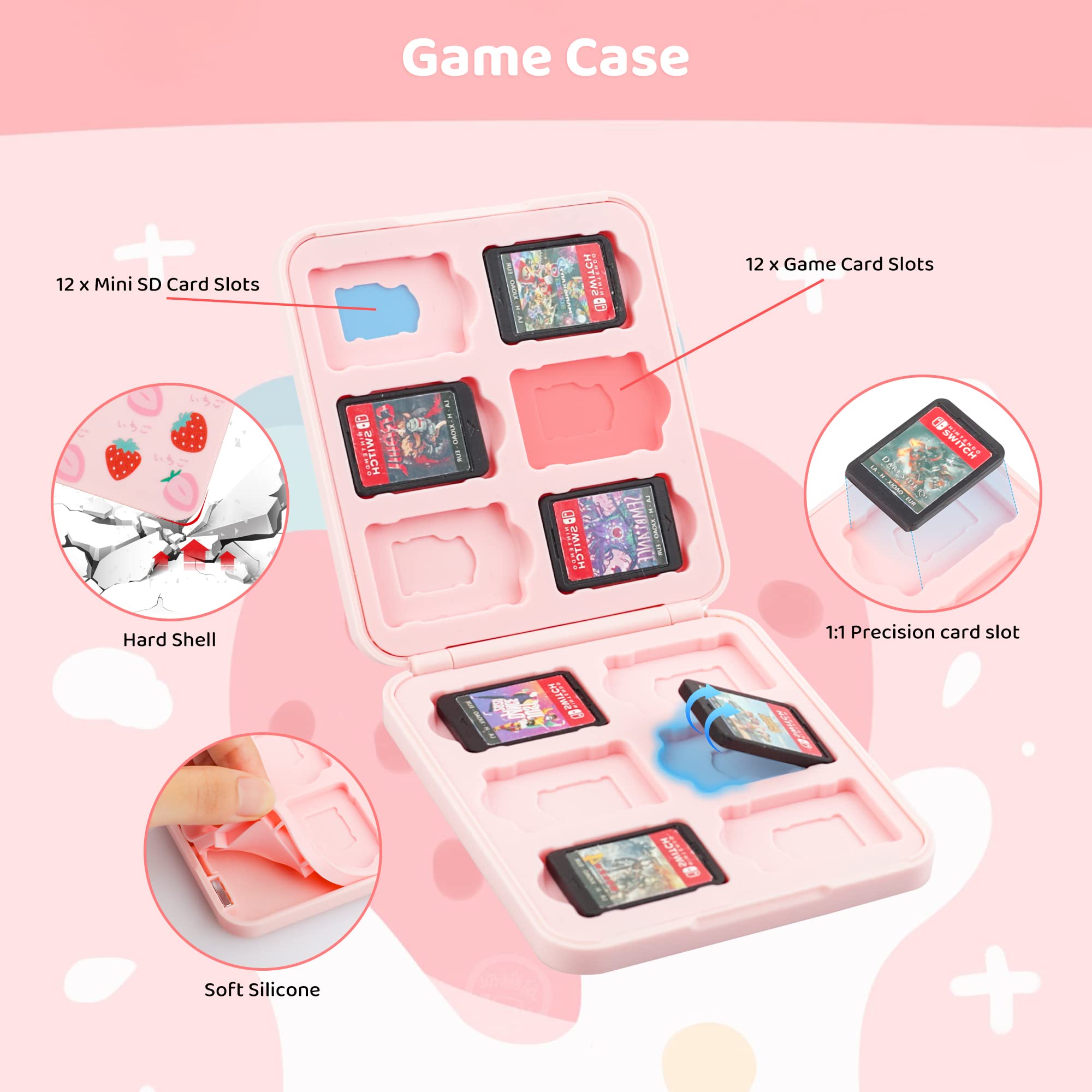 FANPL Pink Carrying Case for Nintendo Switch and Switch OLED Cover, Strawberry Travel Case Bundle with 2 Joy con Shells, 2 Thumb Grip Caps, Adjustable Shoulder Strap, Portable Switch Accessories Bag