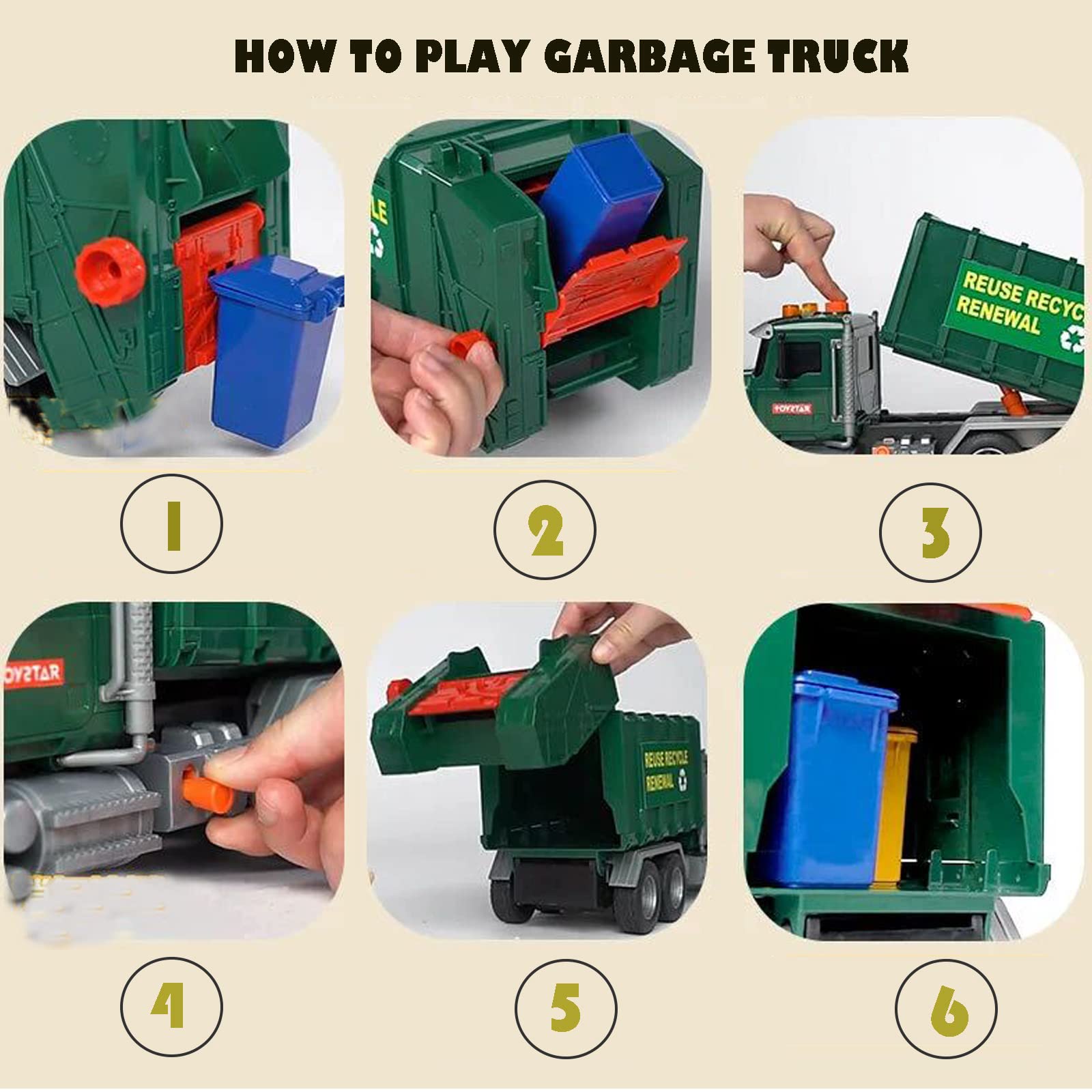 IYEAM 15" Big Garbage Truck Toy, Friction Powered Garbage Truck with Lights and Sounds, Kids Recycling Trash Truck with 3 Trash Cans, Boys & Girls Gifts