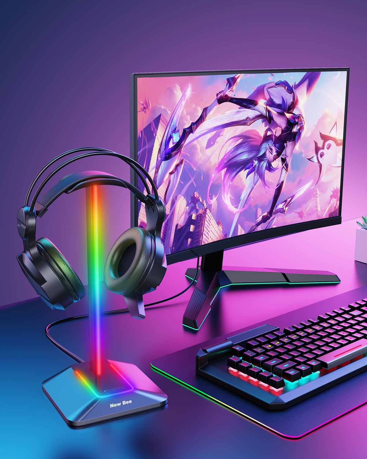 New bee RGB Headphone Stand Desk Gaming Headset Holder with 7 Light Modes and Non-Slip Rubber Base Suitable for All Earphone Accessories(Black)