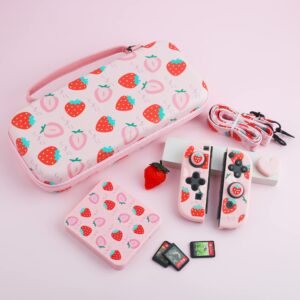 FANPL Pink Carrying Case for Nintendo Switch and Switch OLED Cover, Strawberry Travel Case Bundle with 2 Joy con Shells, 2 Thumb Grip Caps, Adjustable Shoulder Strap, Portable Switch Accessories Bag