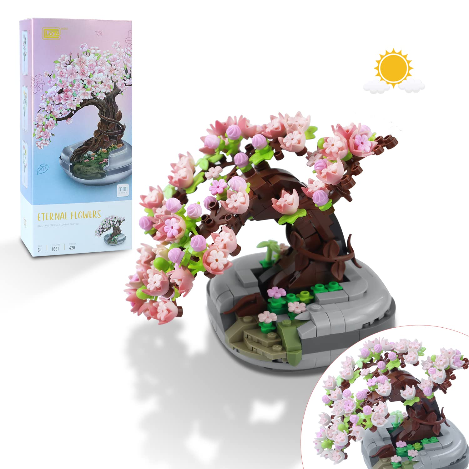 Waktuk Mini Bricks Sakura Bonsai Model Cherry Blossom Potted Plant Tree Building Block Kit 426 PCS, Mini Particle Simulation Flower Botanical Collection Construction Toy