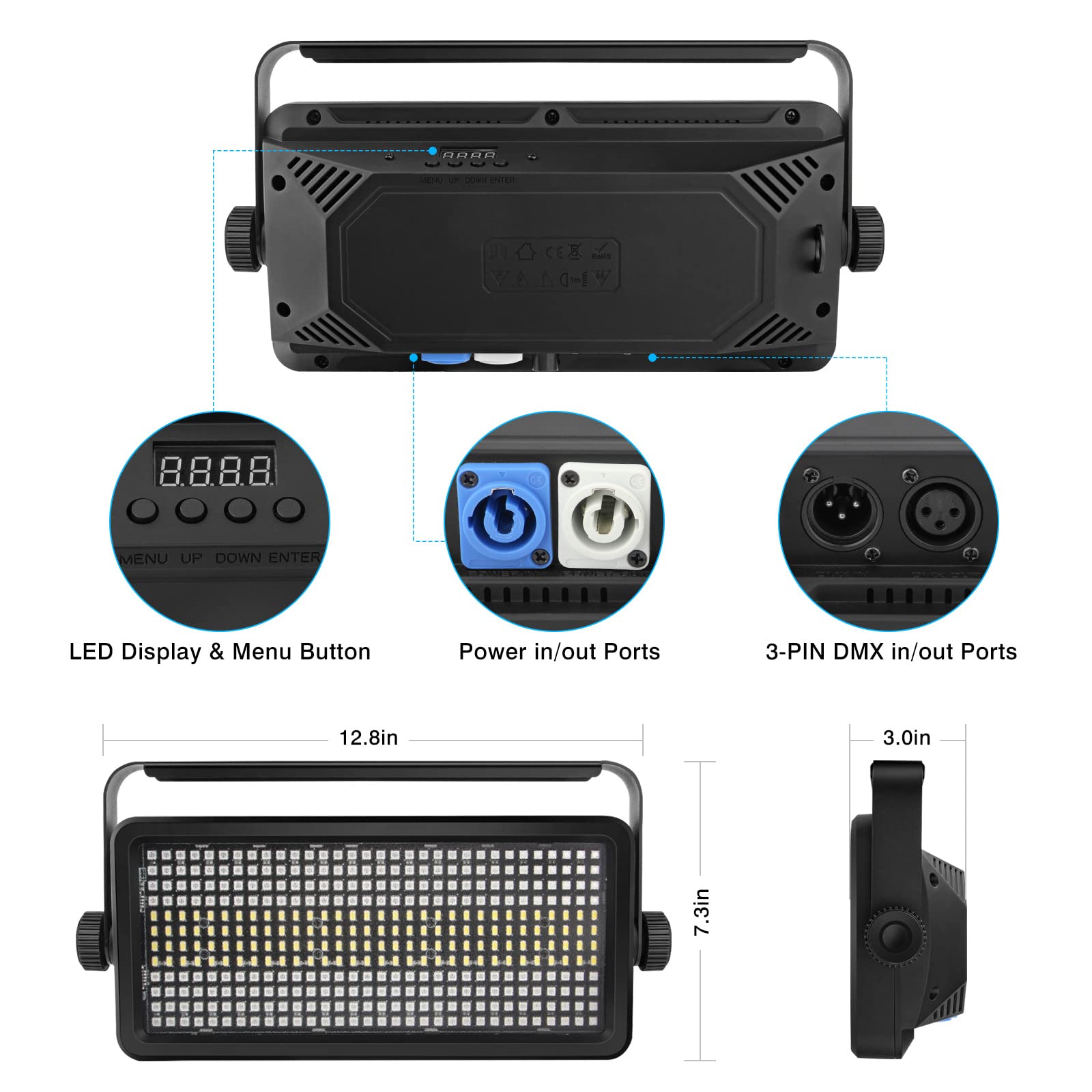 OPPSK LED Stage Strobe Effect Lights - 120W RGBW DJ Light with 48 Zones Chasing by DMX Control Sound Activated Auto Play Wall Washer Uplight for Christmas Party Church Wedding Club Stage Lighting