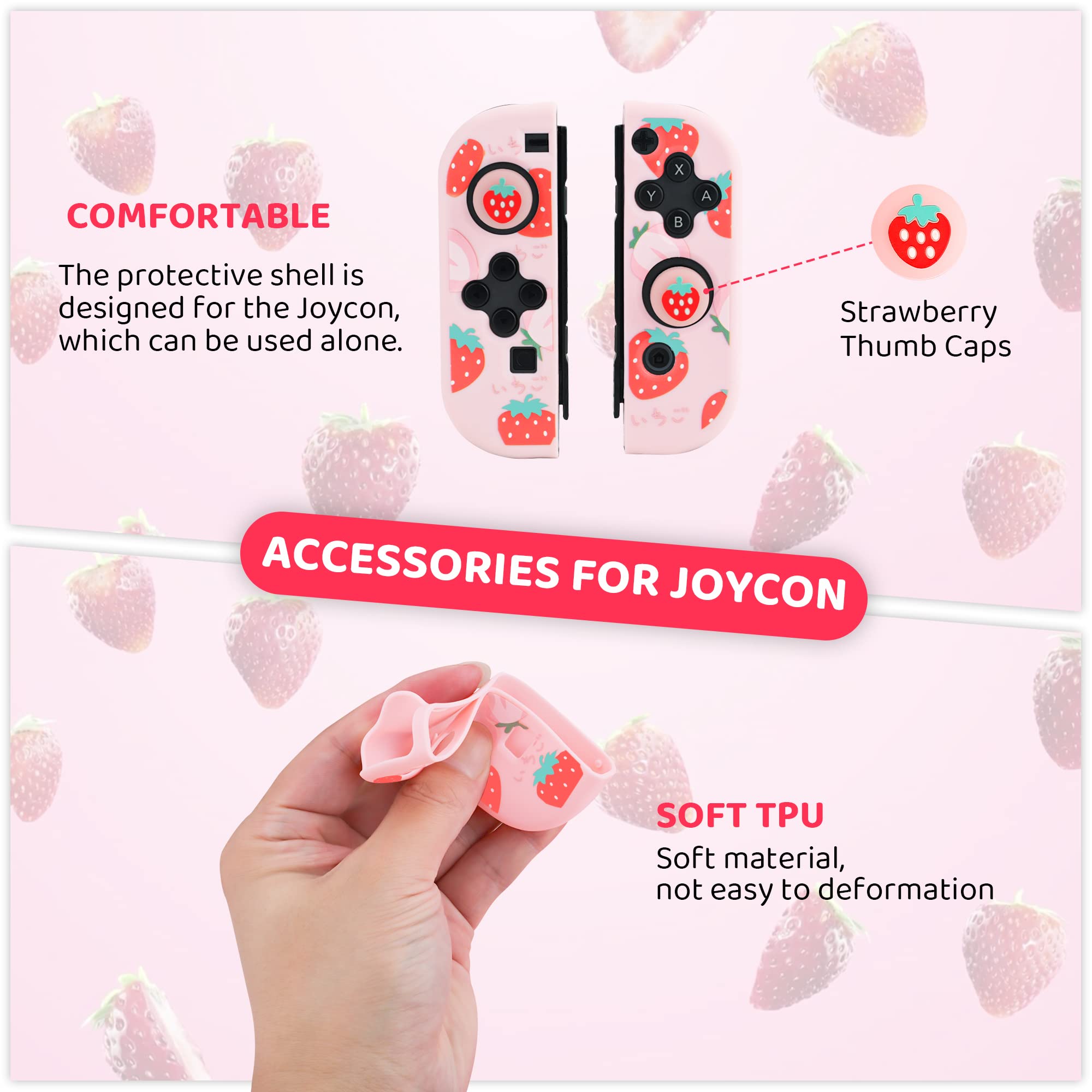 FANPL Pink Carrying Case for Nintendo Switch and Switch OLED Cover, Strawberry Travel Case Bundle with 2 Joy con Shells, 2 Thumb Grip Caps, Adjustable Shoulder Strap, Portable Switch Accessories Bag