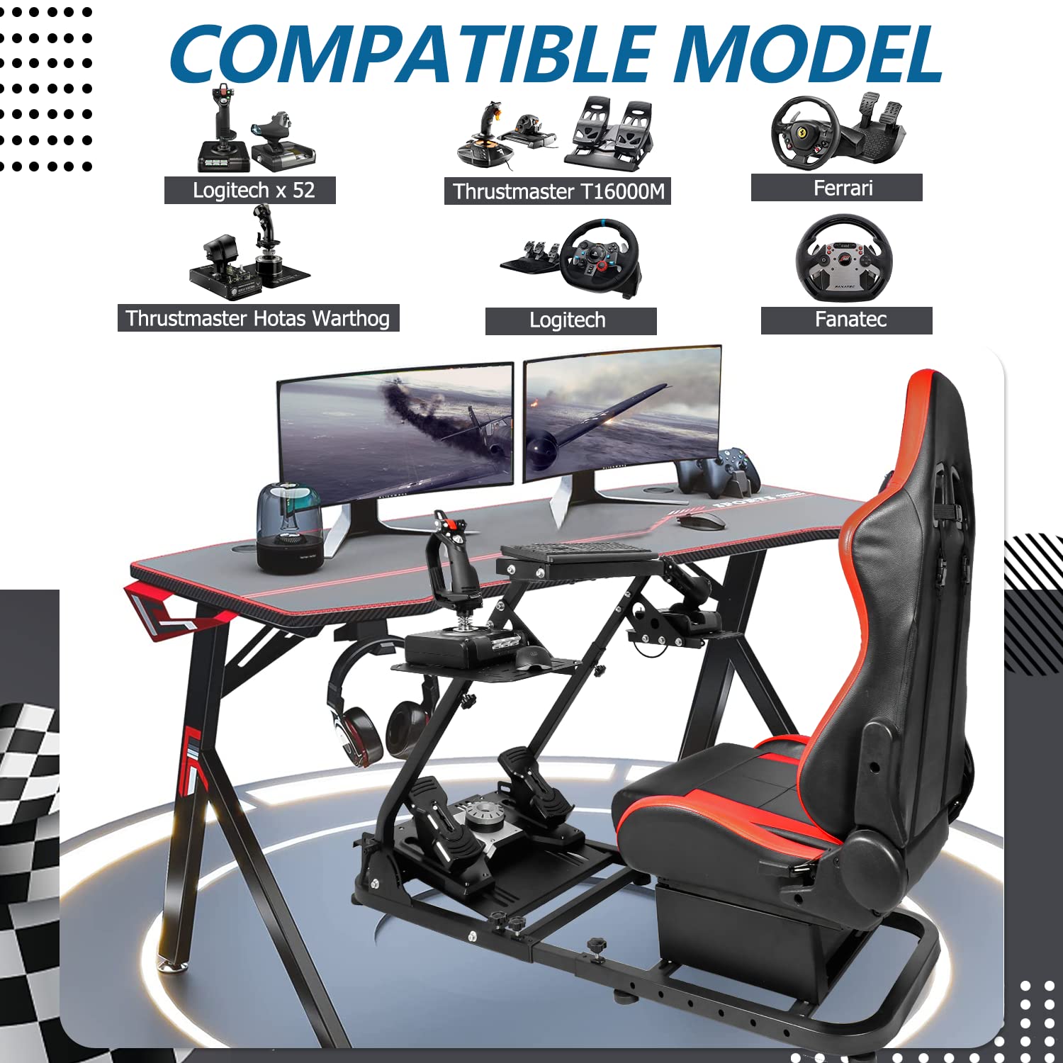 Minneer Foldable Racing Flight Simulation Cockpit with Red Seat Fit for Logitech/Thrustmaster/Fanatec X56 X52 G29 G920 T248,Double Levers Drive Gaming Wheel Stand,Not Included Wheel, Pedal & Handbrake