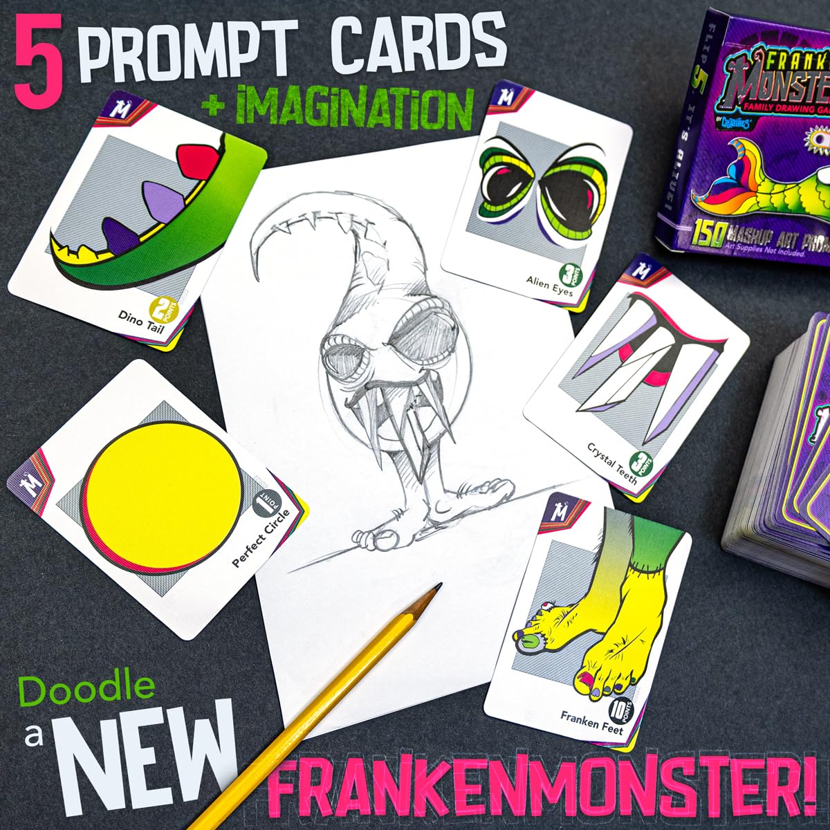 Frankenstein Monsters Drawing Game for Creative Family Fun! 150 Art Prompts Cards to Doodle Monster Mashup Artwork! Gift for Artists Kids, Teens to Boost Imagination Play & Creativity!