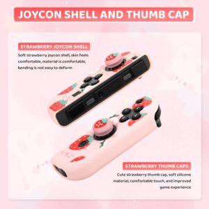 RHOTALL Cute Carrying Case for Nintendo Switch & Switch OLED Cover, Hard Portable Travel Case for Switch Accessories with Game Case, 2 Joy Con Shell, Shoulder Strap, and 2 Thumb Caps - Pink Strawberry