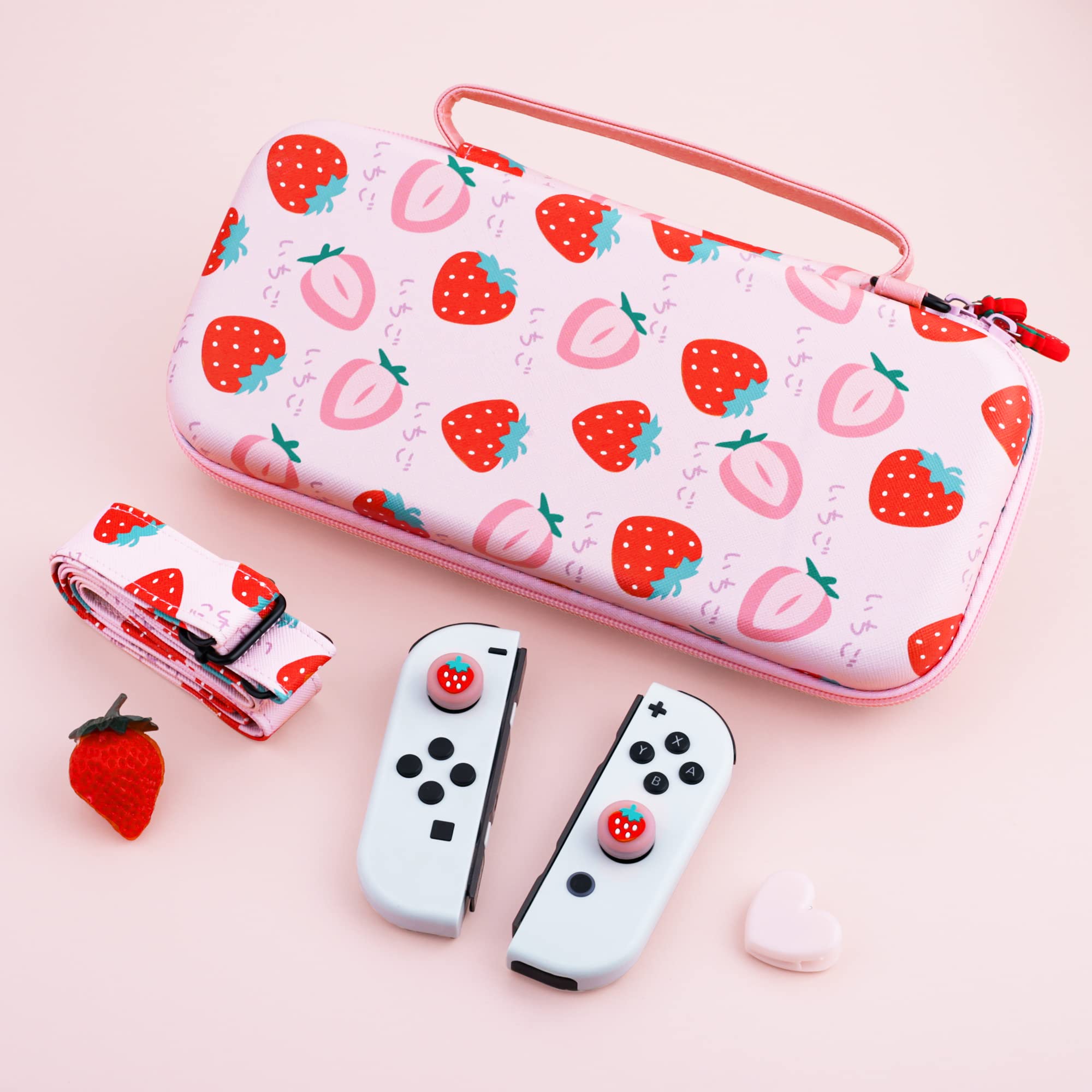 FANPL Carrying Case for Nintendo Switch and Switch OLED Accessories, Pink Strawberry Travel Case Bundle with Adjustable Shoulder Strap, Thumb Grips, Hard Switch Protective Case Cover Anti-scratch