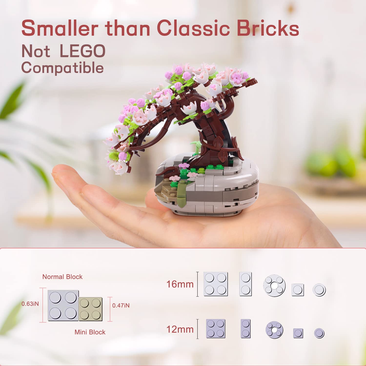 Waktuk Mini Bricks Sakura Bonsai Model Cherry Blossom Potted Plant Tree Building Block Kit 426 PCS, Mini Particle Simulation Flower Botanical Collection Construction Toy