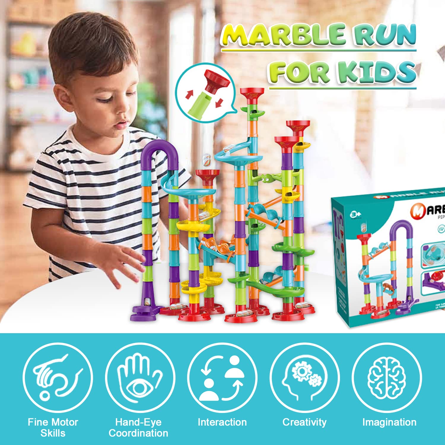 Marble Run for Kids Ages 4-8 - Maze Game DIY Educational Playset Birthday Gift for Ages 3+,Track Pipe Building Blocks Glass Marbles for Kids Birth Day Preschool, Toys for 3 Year Old Boys Christmas