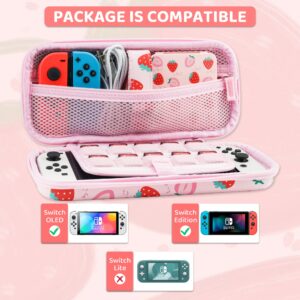 FUNDIARY Cute Strawberry Carrying Case for Nintendo Switch and Switch OLED, Cute Travel Accessories Bag for Switch and Switch OLED, Case with Adjustable Shoulder Strap and 2 Strawberry Thumb Caps