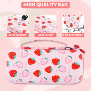 FUNDIARY Cute Strawberry Carrying Case for Nintendo Switch and Switch OLED, Cute Travel Accessories Bag for Switch and Switch OLED, Case with Adjustable Shoulder Strap and 2 Strawberry Thumb Caps