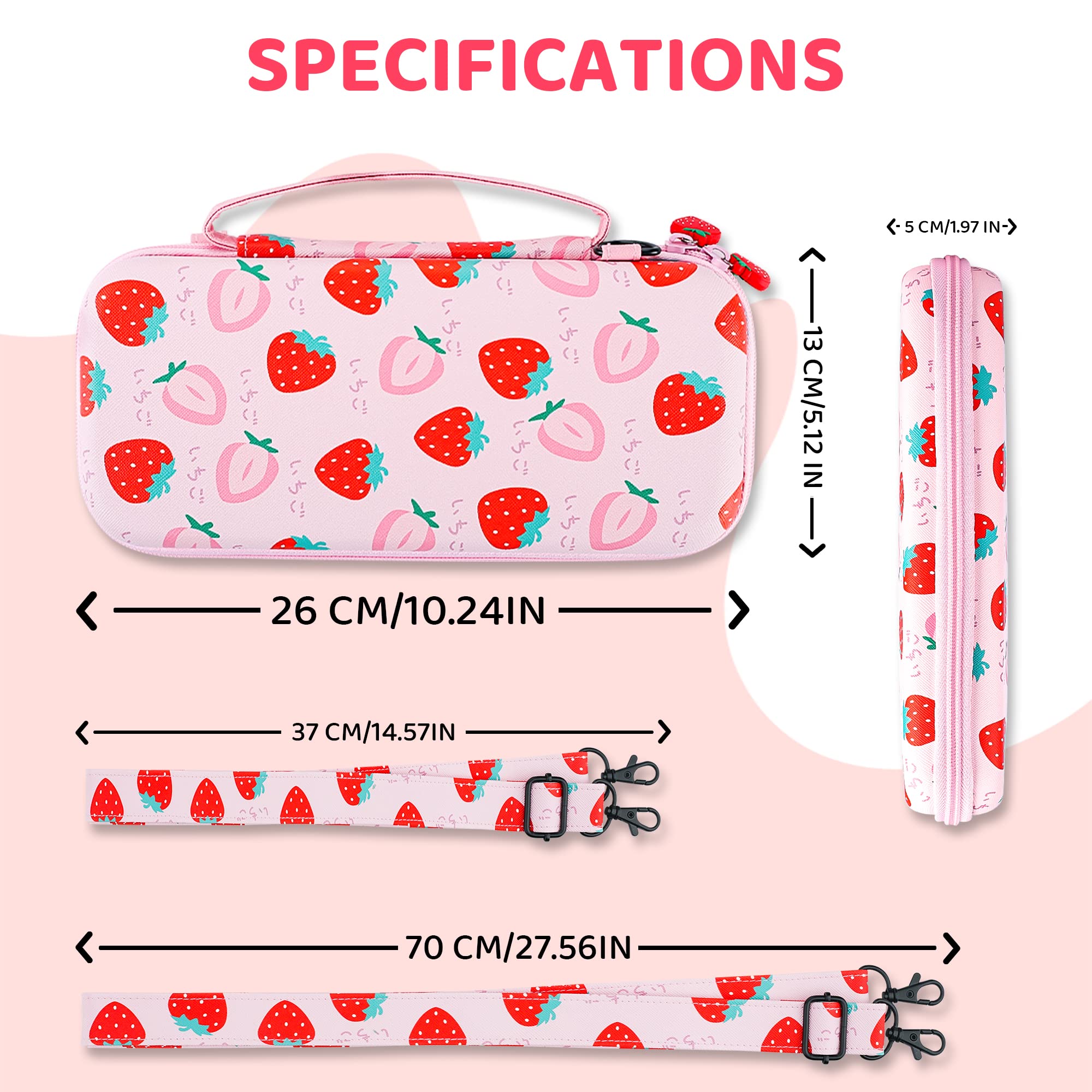 FANPL Carrying Case for Nintendo Switch and Switch OLED Accessories, Pink Strawberry Travel Case Bundle with Adjustable Shoulder Strap, Thumb Grips, Hard Switch Protective Case Cover Anti-scratch