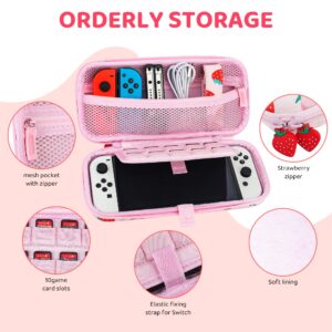 FANPL Carrying Case for Nintendo Switch and Switch OLED Accessories, Pink Strawberry Travel Case Bundle with Adjustable Shoulder Strap, Thumb Grips, Hard Switch Protective Case Cover Anti-scratch