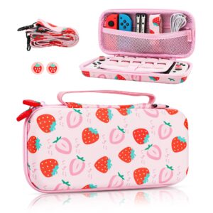 fundiary cute strawberry carrying case for nintendo switch and switch oled, cute travel accessories bag for switch and switch oled, case with adjustable shoulder strap and 2 strawberry thumb caps